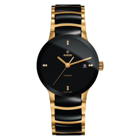 Rado Centrix Black Dial Gold-plated and Black Ceramic Watch